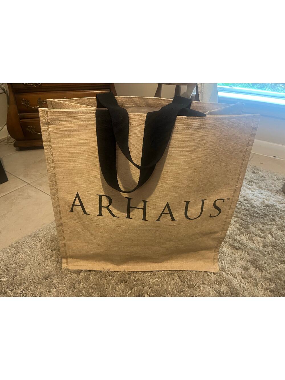 ARHAUS logo jute reusable shopping tote. 65% Jute 35% Cotton